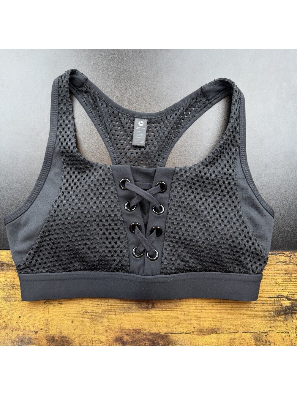 90 Degree by Reflex Women’s Black Mesh Lace Up Sports Bra XS Racerback Workout